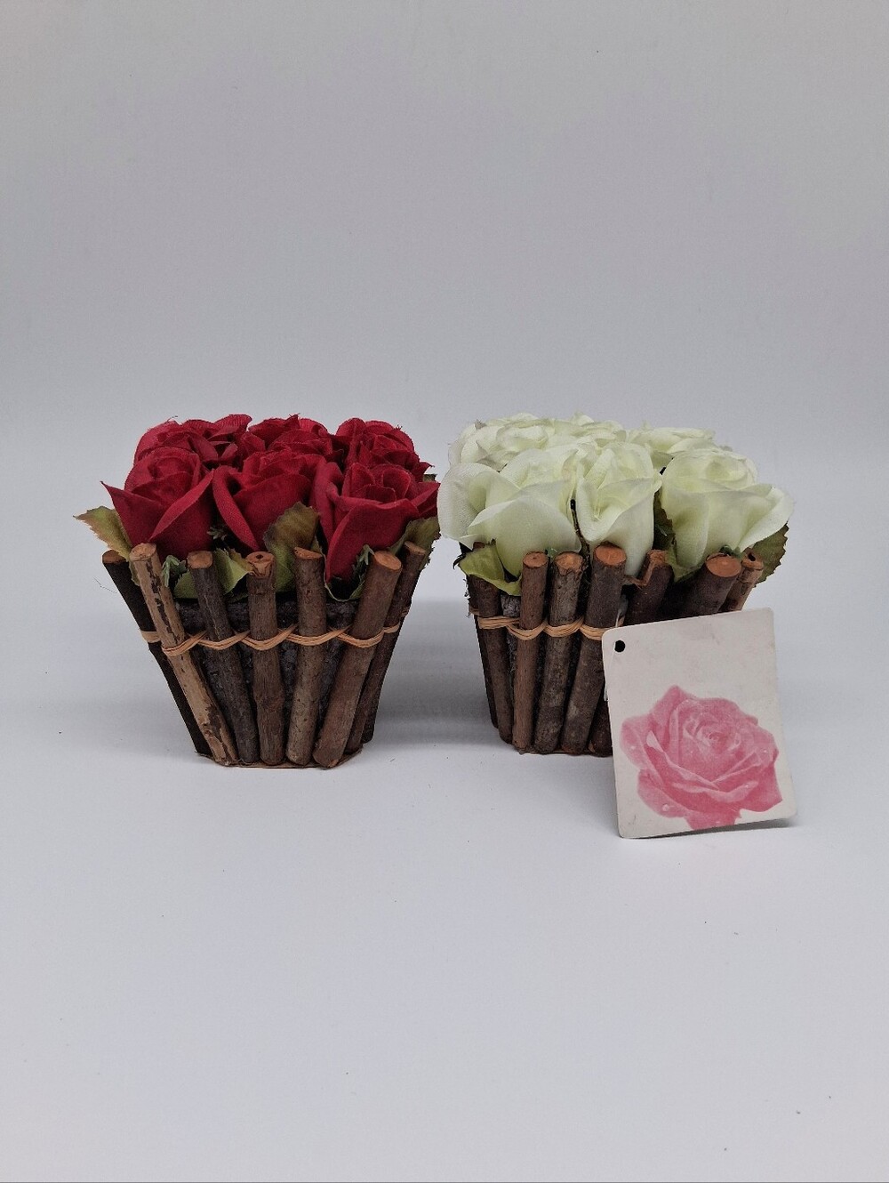Artificial Rose 2 Bouquet Bundle Rustic Wood Stick Red And White 4 In. Wide